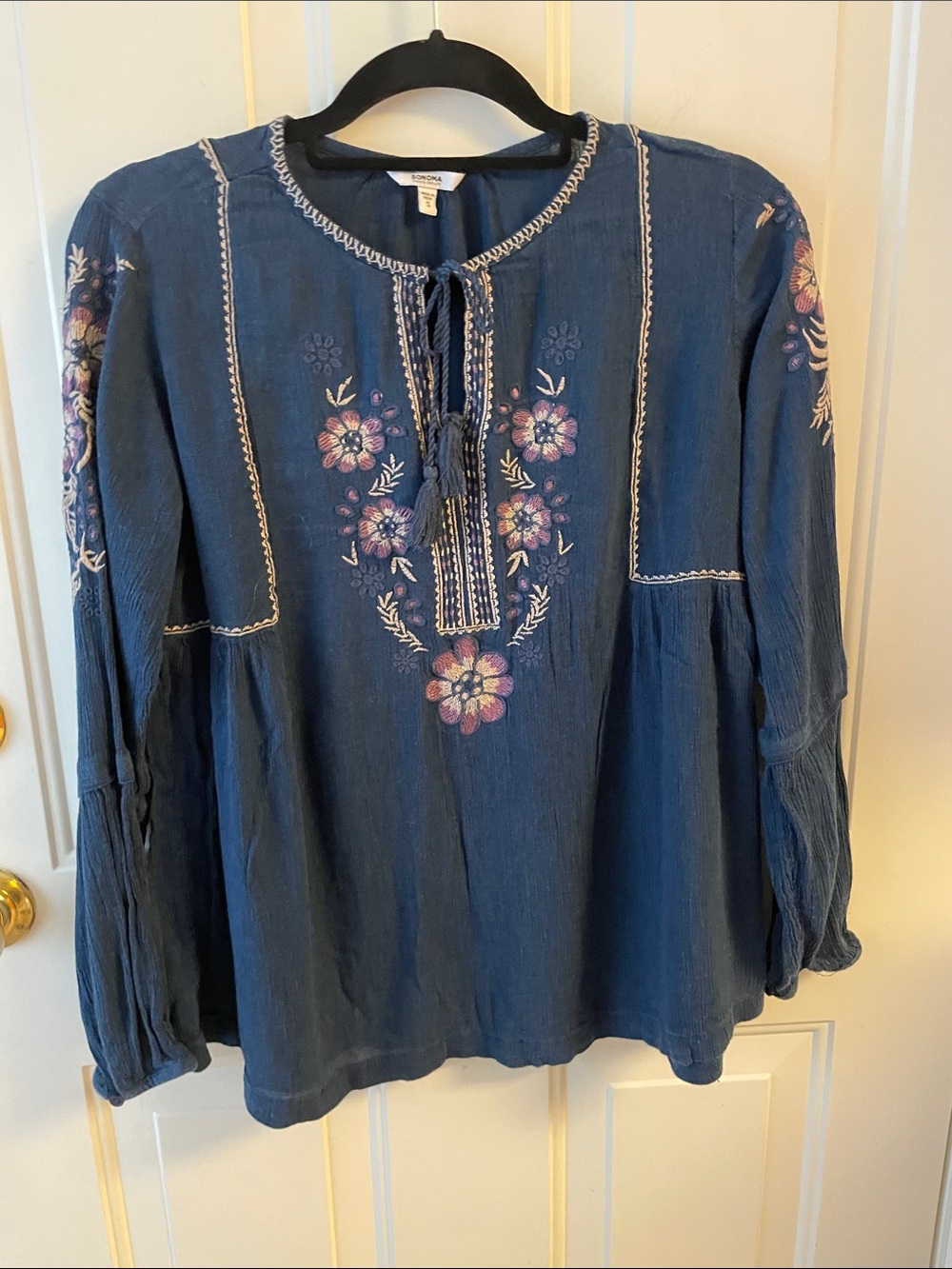Sonoma Navy Blue Embroidered Floral Tunic Boho Festive